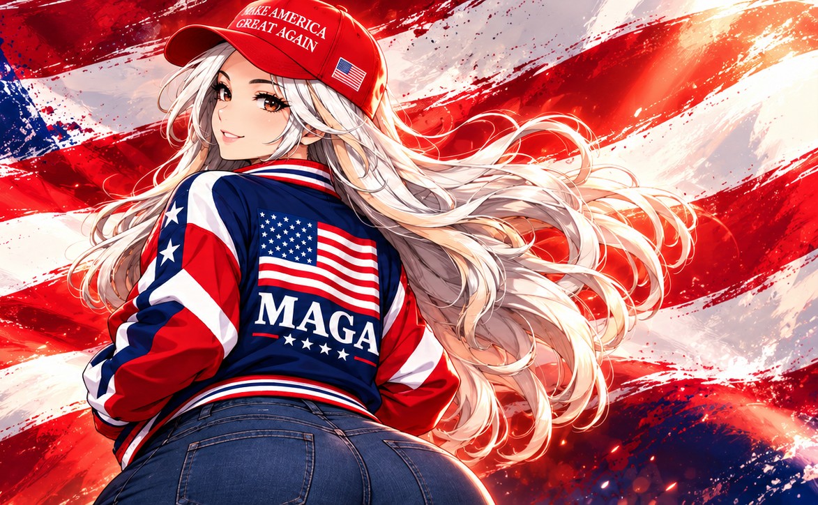 The Make Ass Great Again character, turned to show cap, jacket back and denim.