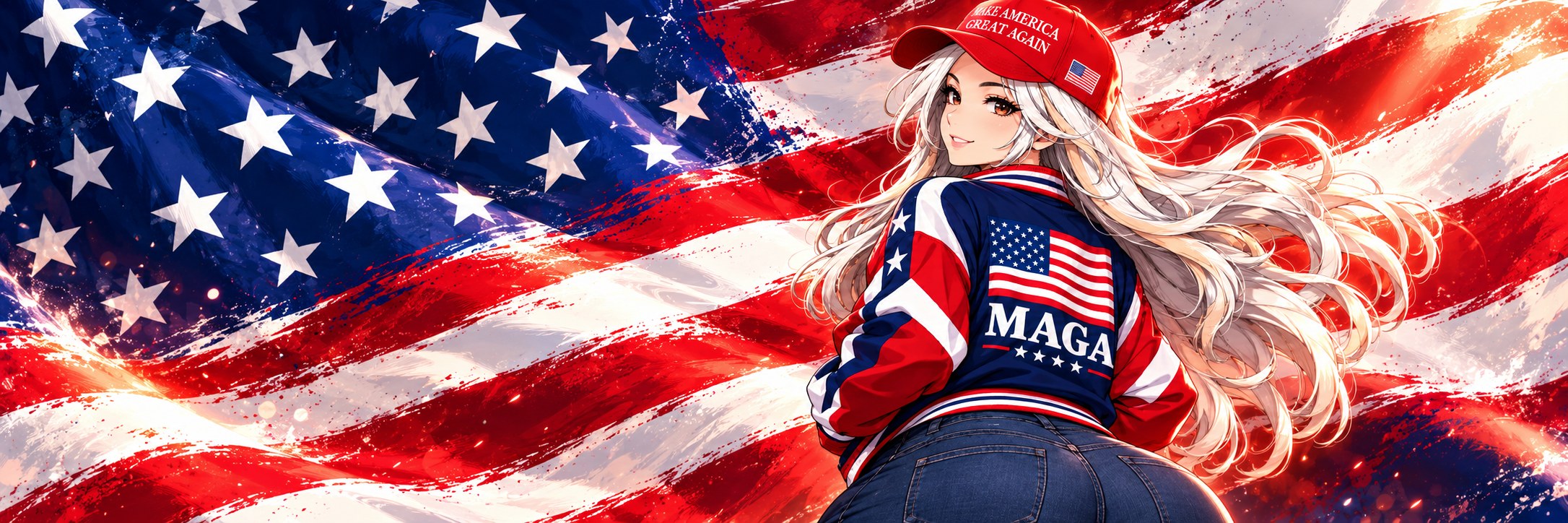 Silver-haired anime woman in a red MAGA cap and red, white and navy varsity jacket, looking back over her shoulder against a painted American flag.